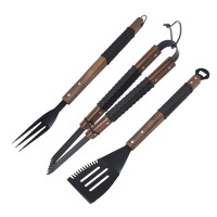 Dark wood and rubber handle stainless steel Non stick Black 3pcs BBQ utensil set include turner / fork / tongs